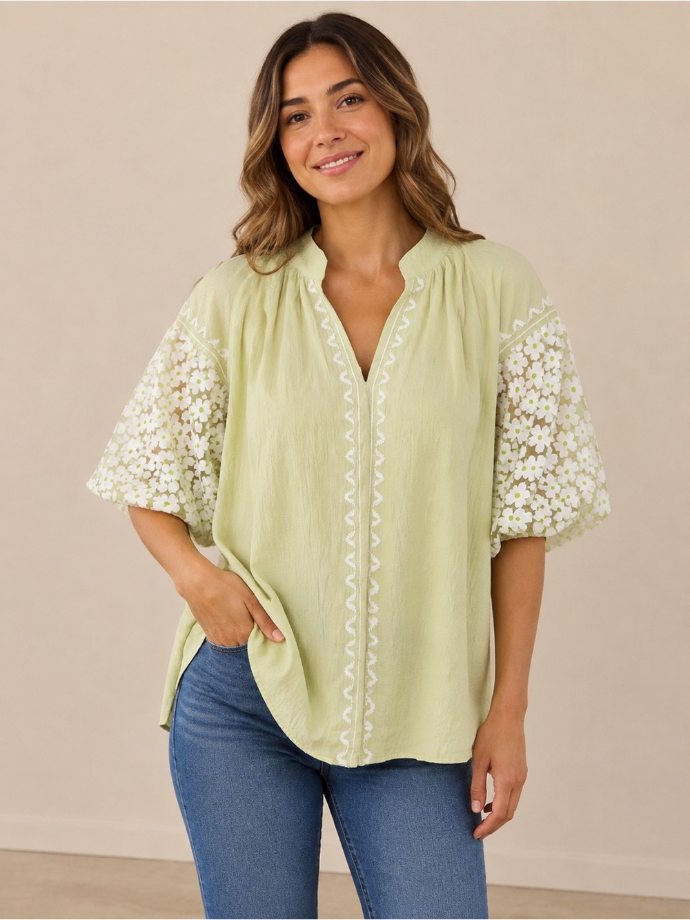 Umgee Green Daisy Balloon-Sleeve Blouse M